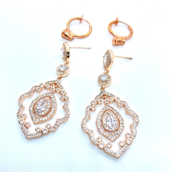 SWEETV Chandelier Rose Goldtone Cubic Zirconia Earrings Pierced or Clip On. - Picture 6 of 8